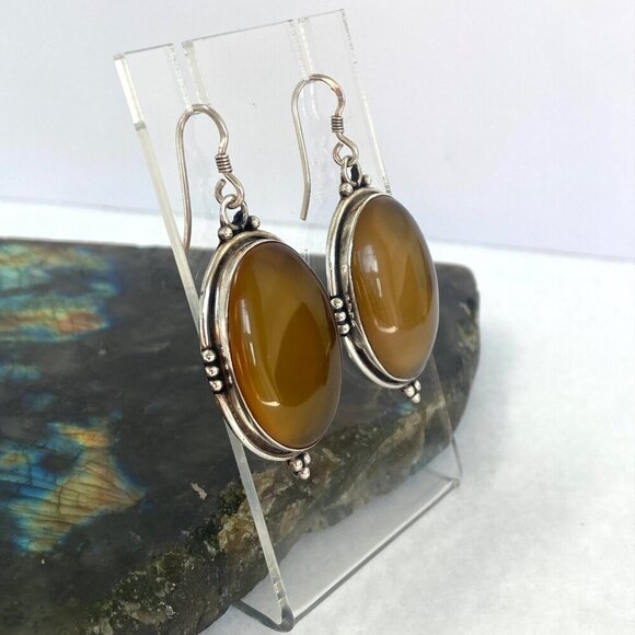 Sterling Silver 925 Large Bezel Set Oval Agate Quartz Dangle Drop Earrings - Picture 5 of 16